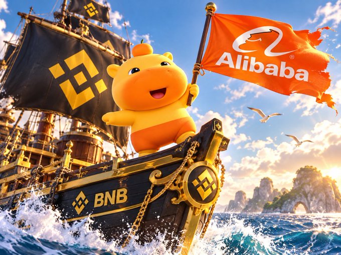 A cartoon mascot in an orange outfit standing on a pirate ship flying both BNB and Alibaba flags, with the ship sailing on the ocean at sunset.