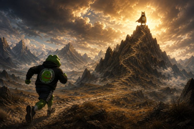 A digital illustration of a green character in a hoodie running across a rocky mountain landscape toward a mountain peak topped with a cat statue.