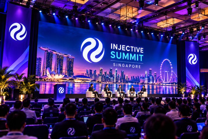 A photograph of the INJECTIVE SUMMIT in SINGAPORE, showing speakers at a panel on a large stage with a screen displaying the event name and the Singapore skyline.