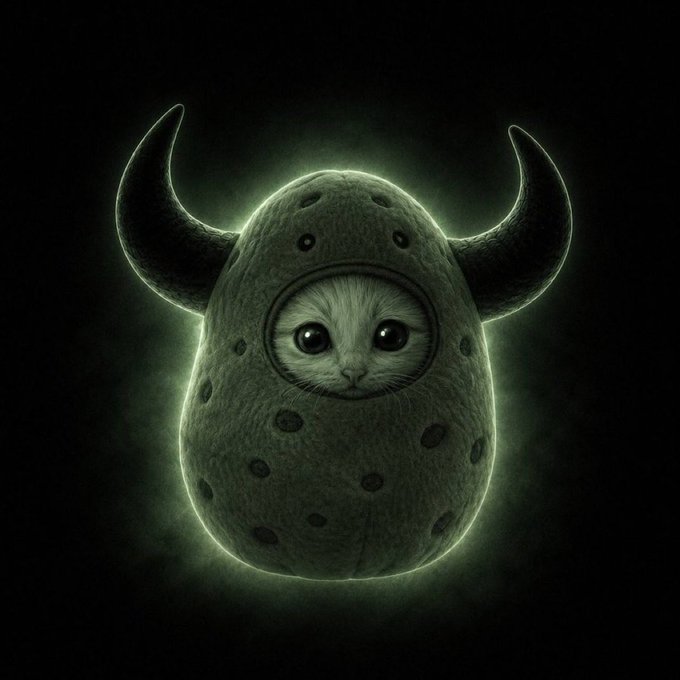 A dark, eerie digital illustration of a small cat's face peering out from a green, egg-shaped plush costume with large curved horns, set against a black background.