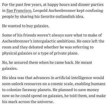 A photo of a printed news article about Leopold Aschenbrenner, who proposed buying actual galaxies with profits from AI advances. The text highlights his outlandish plan to "colonize faraway planets" and "make his mark across the universe," mirroring the post's comparison to grandiose crypto hype rhetoric.