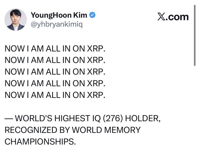 In the image, there are two people present - one person who has posted a tweet about Kim YoungHoon's highest IQ (276) holder, and another person who has posted a caption about the world memory champion with an IQ of 276. The caption reads "The world memory champion with an IQ of 276 is now all in on $XRP." This post seems to be related to the conversation about Kim YoungHoon's highest IQ (276).