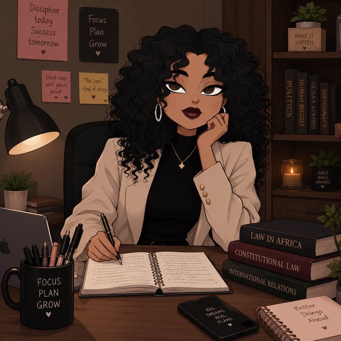 An illustration of a curly-haired woman studying at a desk, surrounded by motivational sticky notes like 'Discipline today Success tomorrow' and books titled 'Law in Africa' and 'International Law.'