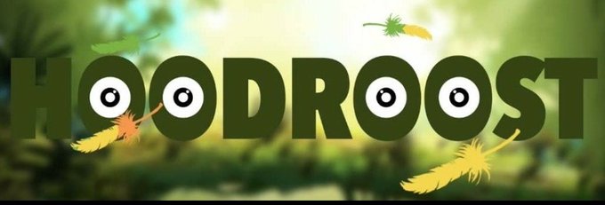 An animated logo for 'HOODROOT' featuring a cartoon character with large eyes, set against a green forest background with floating feathers and carrots.