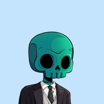 A cartoon illustration of a teal skull-headed figure wearing a black suit and tie on a light blue background.