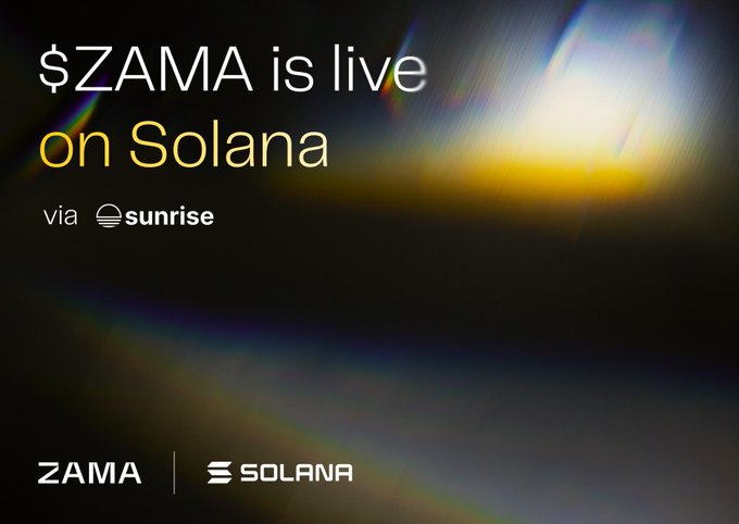 A promotional graphic announcing "$ZAMA is live on Solana via sunrise," featuring a dark background with colorful light streaks, and displaying the ZAMA and Solana logos at the bottom to reinforce the partnership and launch announcement.