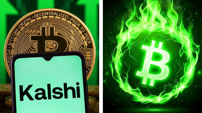 A split image showing a Bitcoin coin behind the Kalshi app logo on the left, and a Bitcoin symbol engulfed in green flames on the right.