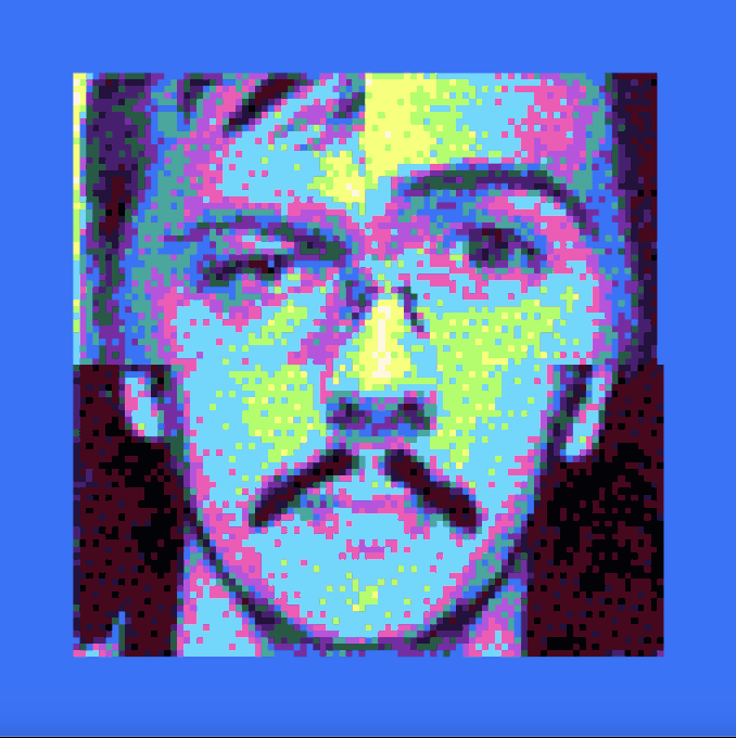 A highly pixelated, colorful pop-art style portrait of a man's face with a mustache on a bright blue background.