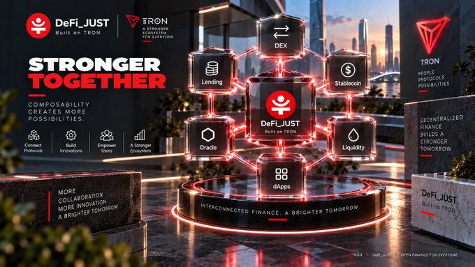 A promotional graphic for 'DeFi_JUST' built on TRON blockchain, featuring the text 'STRONGER TOGETHER' alongside interconnected icons representing Lending, DEX, Stablecoin, Oracle, Liquidity, and dApps.