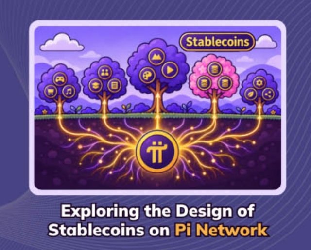 A graphic titled "Exploring the Design of Stablecoins on Pi Network" showing stylized trees with various icons in their canopies, with glowing orange roots connecting them to a central Pi Network logo underground."