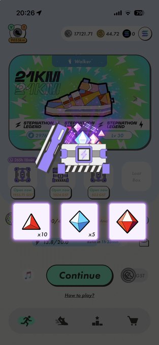 A mobile game screenshot showing the 'Stepn' app interface with a 'Walker' sneaker NFT, displaying rewards in gems (red, blue, and diamond shapes), step counts, and a 'Continue' button.