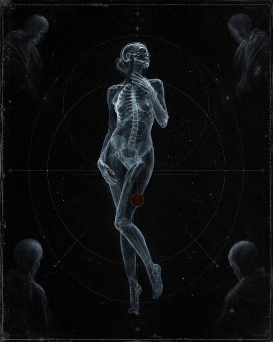 A dark anatomical illustration shows a skeletal, nude female figure in a standing pose surrounded by circular target lines and shadowy figures in the corners.