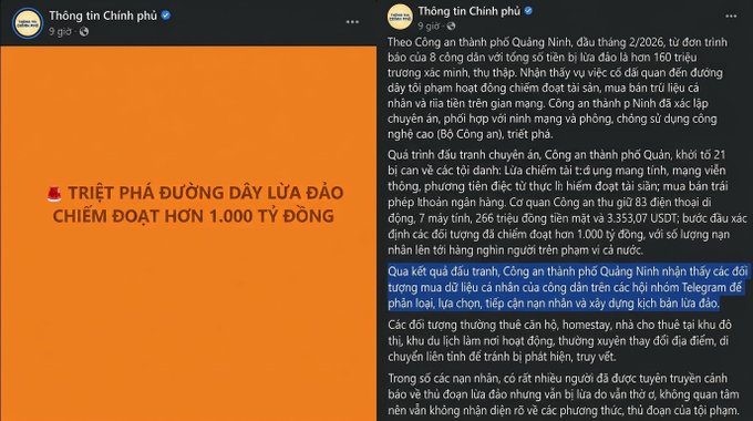 A screenshot from Vietnamese police Facebook page 'Thông tin Chính phố' announcing the dismantling of a major fraud ring that scammed over 1,000 billion VND through fake cryptocurrency investment and romance scams.