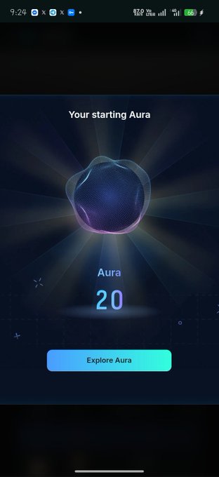 The image displays a mobile app screen titled "Your starting Aura" featuring a glowing purple orb graphic with "Aura 20" displayed below it and an "Explore Aura" button. This visualizes the 20 Aura points the user earned on KaitoAI, representing their initial score on the platform's infofi reputation system.