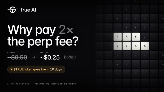 The image is a promotional graphic from True AI featuring the headline "Why pay 2× the perp fee?" It compares Binance's ~$0.50 fee to True AI's ~$0.25 fee per $1,000 perp trade, announces that the $TRUE token goes live in 10 days, and shows keyboard keys spelling "PAY LESS." The ad highlights the discounted trading perks—0.025% perp fees, USDC fee refunds, swap discounts, and fee credits—that are offered through the creator's partnership link.