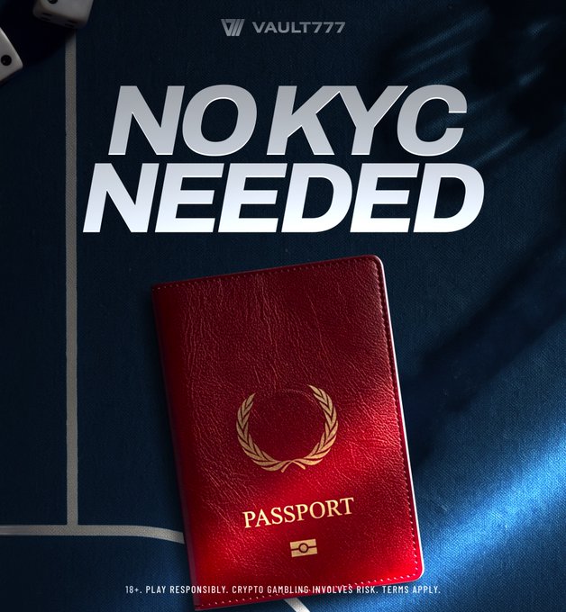 A promotional graphic from Vault777 featuring a red passport on a dark blue surface, boldly displaying the text "NO KYC NEEDED." The image visually reinforces the message that users don't need to hand over personal identification documents to the platform, emphasizing privacy and eliminating the risk of identity data being compromised in a breach.