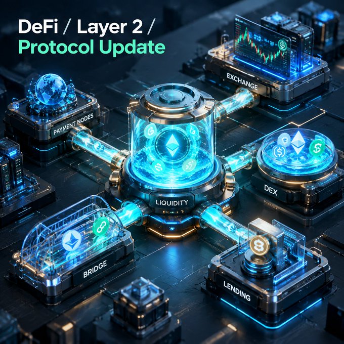 A digital 3D illustration showing a 'DeFi / Layer 2 / Protocol Update' with interconnected glowing blue nodes representing Exchange, Payment Nodes, Liquidity, DEX, Bridge, and Lending.