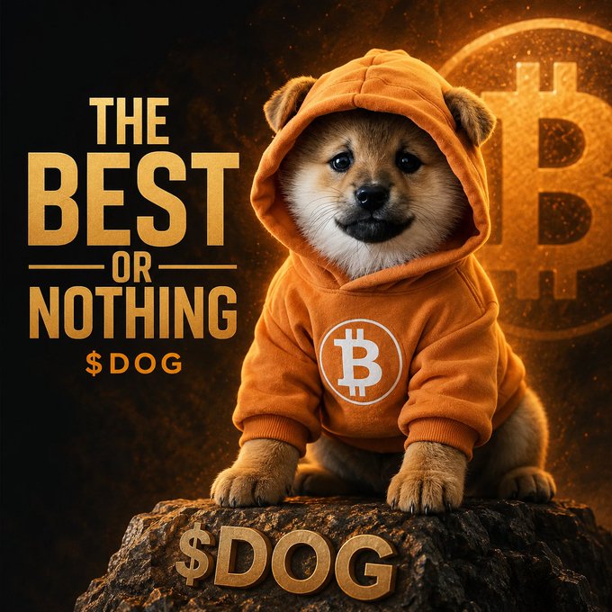 An AI-generated Shiba Inu puppy wearing an orange Bitcoin hoodie sits on a rock, with text reading 'THE BEST OR NOTHING', '$DOG', and a Bitcoin symbol in the background.