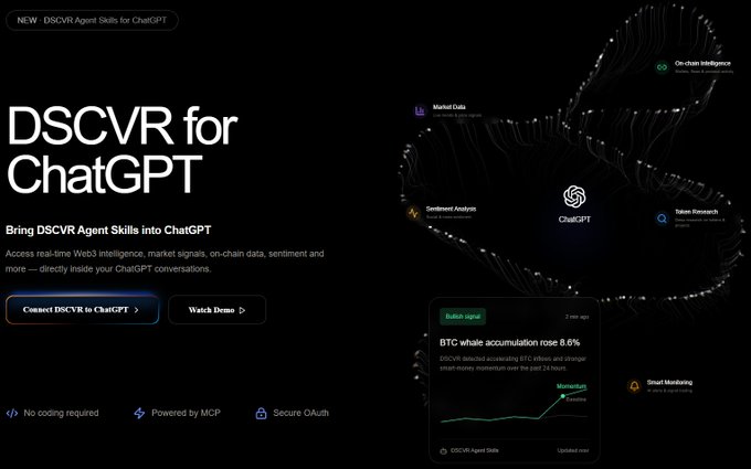 A dark-themed promotional landing page for "DSCVR for ChatGPT" announces the launch of DSCVR Agent Skills, featuring a "Connect DSCVR to ChatGPT" button alongside a ChatGPT interface displaying agent skills like Market Data, Sentiment Analysis, On-Chain Intelligence, and Token Research, with a featured alert showing "BTC whale accumulation rose 8.6%" in the past 24 hours.