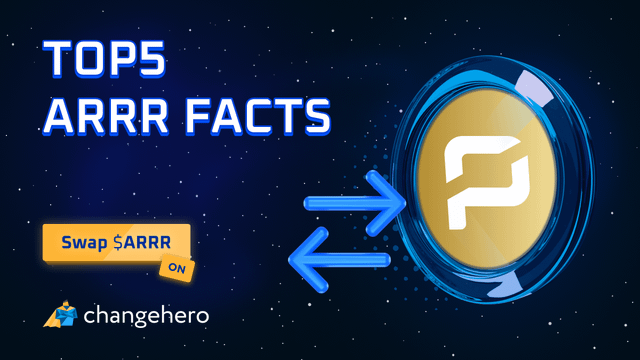 The image features a poster with a gold coin at its center, surrounded by blue stars against a dark background. The text "Top 5 Arrr Facts" is displayed above the coin, while the phrase "Swap ARRR ON" is written below it. Below this, there are two arrows pointing towards the coin and the words " Pirate Chain". The poster also includes a small image of a gold coin with the word "ARRR" on it.