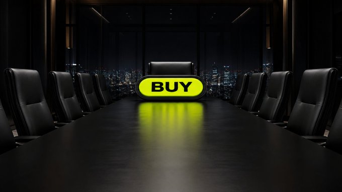 A dark corporate boardroom with a long table surrounded by black executive chairs, featuring a glowing yellow 'BUY' button at the center and a city skyline visible through windows.