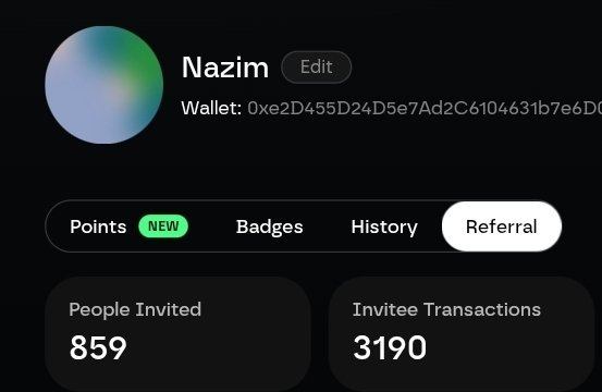 A user profile page for 'Nazim' showing a wallet address, tabs for Points, Badges, History, and Referral, with 859 People Invited and 3190 Invitee Transactions.