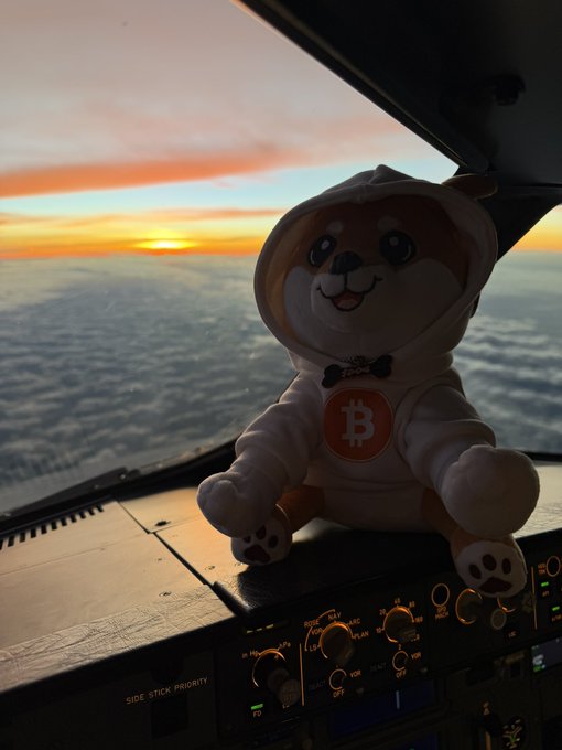A plush toy wearing a white hooded outfit with a Bitcoin logo on the chest and a small bow tie sits on an aircraft dashboard, with a sunset sky and clouds visible through the cockpit window.