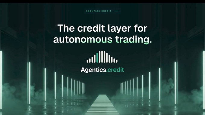A digital advertisement for 'Agentics.credit' displays the text 'The credit layer for autonomous trading' against a futuristic neon-lit tunnel background.