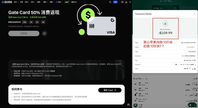 Two screenshots side by side: on the left, a Gate.io promotional page for 'Gate Card 50% 消费返现' (50% spending rebate); on the right, a transaction details screen showing a -$109.99 charge from 'APPLE.COM/BILL' with Chinese text mentioning 100 yuan spent and 109 points earned.