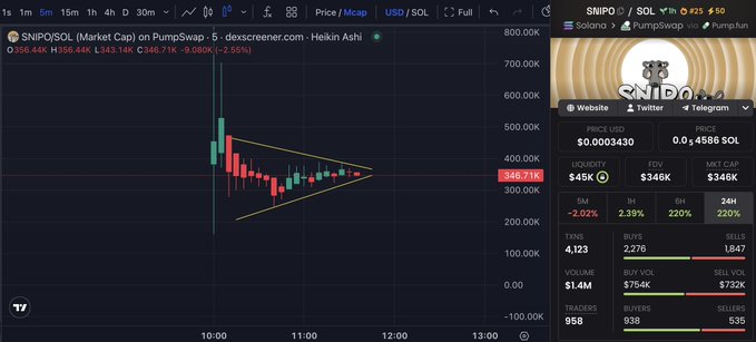 A TradingView chart of $SNIPO/SOL on Pumpswap shows a descending triangle pattern forming between $346.71K and $356.44K, with the token at a $346K market cap on dex screener, correlating with the post about aping into a small $SNIPO bag and monitoring for upward movement.