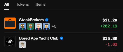 A dark-themed NFT marketplace interface showing 'StonkBrokers' at $21.2K (+202.1%) and 'Bored Ape Yacht Club' at $15.8K (-1.6%).