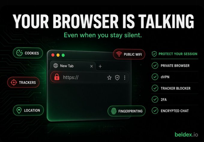An advertisement graphic for beldex.io warns 'YOUR BROWSER IS TALKING,' highlighting privacy threats like cookies, trackers, and public WiFi, alongside protections like dVPN and encrypted chat.