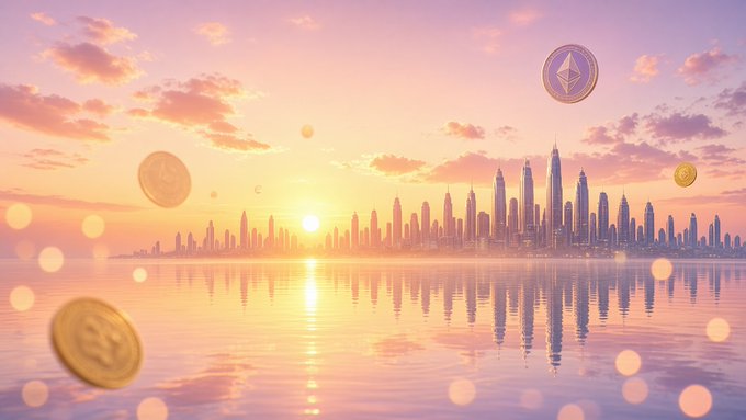 A dreamy sunset cityscape over water with floating Ethereum coins and a glowing horizon.