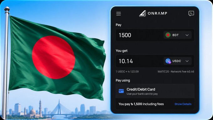 The image shows the flag of Bangladesh alongside a Onramp crypto payment screen displaying a conversion of 1500 BDT to 10.14 USDC at a rate of 1 USDC = 123.09, payable by credit/debit card. This visual illustrates the post's announcement that Bangladeshi users can now instantly buy popular cryptocurrencies using Bangladeshi Taka (BDT).
