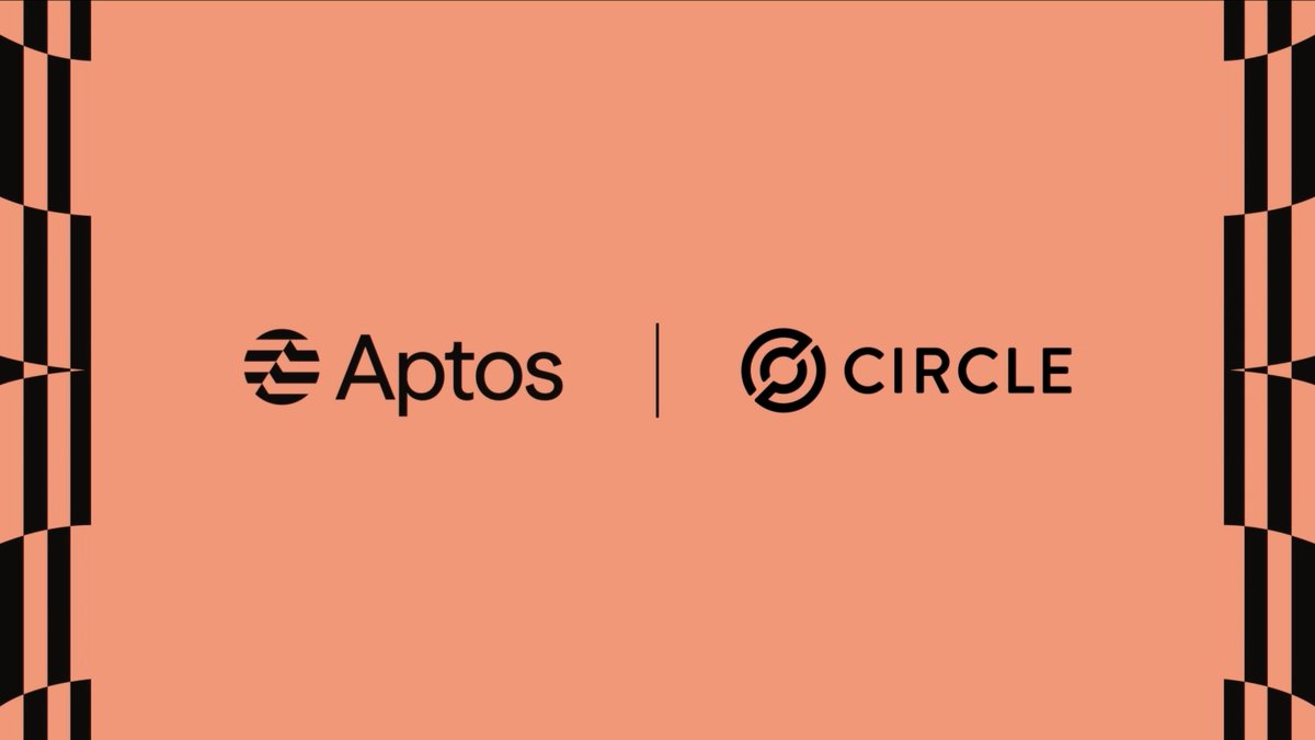 A coral-colored graphic with black checkered border accents displaying the logos for 'Aptos' and 'CIRCLE' separated by a vertical line.