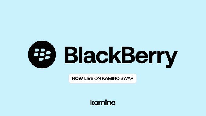 A promotional graphic on a light blue background showing the BlackBerry logo with the text "NOW LIVE ON KAMINO SWAP" and the "kamino" logo below.
