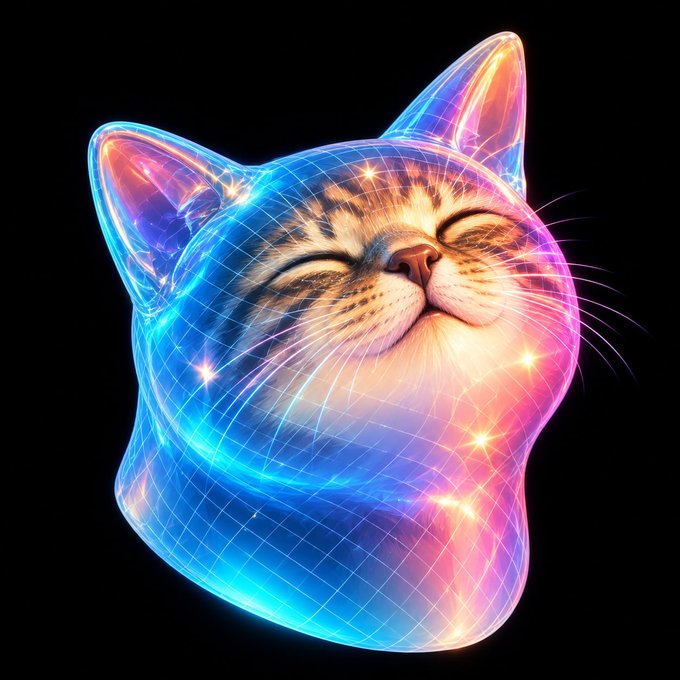 A digital illustration of a cat's head with closed eyes, glowing with iridescent blue and pink holographic colors against a black background.
