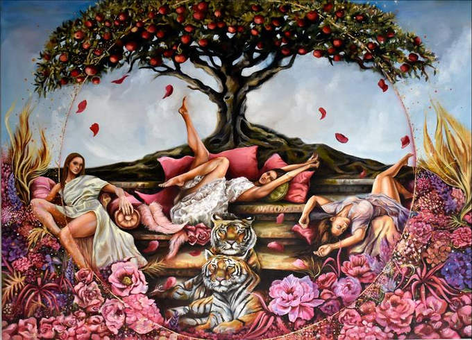 A surreal, circular fantasy painting depicts women lounging on cushions under a tree bearing red fruit, surrounded by pink flowers and two tigers.
