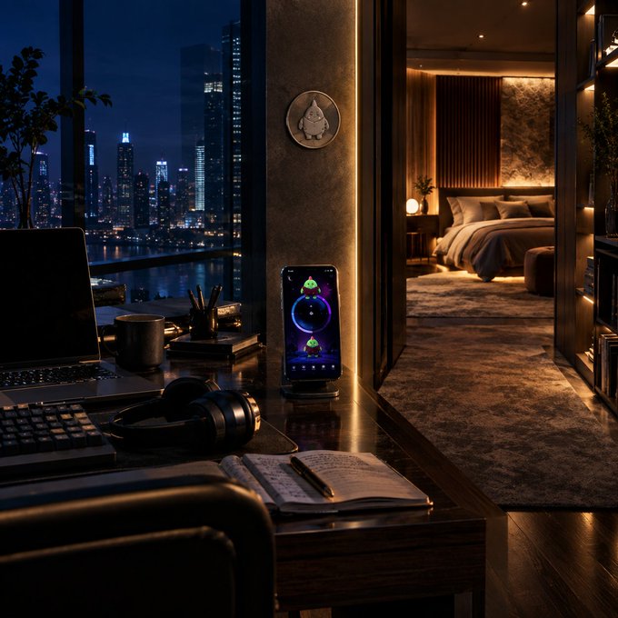 An atmospheric view of a modern desk by a window overlooking a city skyline at night, featuring a laptop, headphones, an open notebook, and a smartphone displaying a green logo, with a bedroom visible in the background.