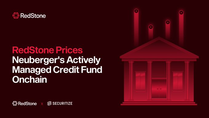A promotional graphic announcing "RedStone Prices Neuberger's Actively Managed Credit Fund Onchain," featuring RedStone and Securitize logos with an illustration of a classical building.