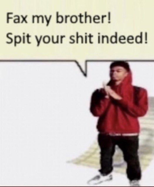 A meme featuring a young boy in a red hoodie with a speech bubble saying 'Fax my brother! Spit your shit indeed!'