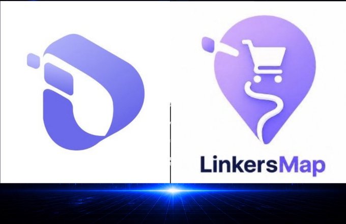 Two purple logo designs are shown side by side, with the right one labeled 'LinkersMap' featuring a shopping cart and location pin design.