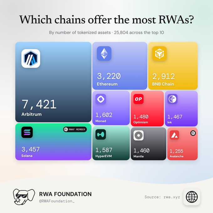 An RWA Foundation infographic titled 'Which chains offer the most RWAs?' ranking the top 10 chains by number of tokenized assets, with Arbitrum leading at 7,421, followed by Solana (3,457), Ethereum (3,220), and BNB Chain (2,912).