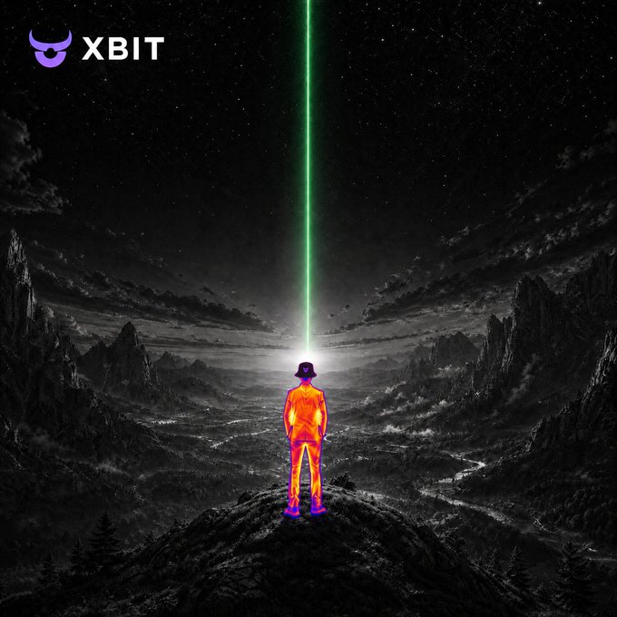A XBIT cryptocurrency advertisement featuring a figure with a glowing thermal heat-map body standing on a mountain, facing a bright green laser beam shooting into a starry night sky.