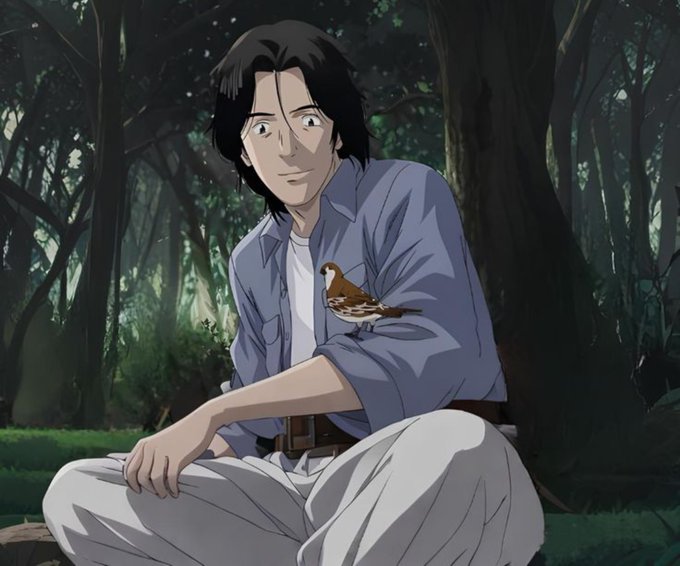 An anime-style illustration depicts a dark-haired young man in a blue shirt and white pants sitting on the ground in a forest, with a small brown bird perched on his knee.