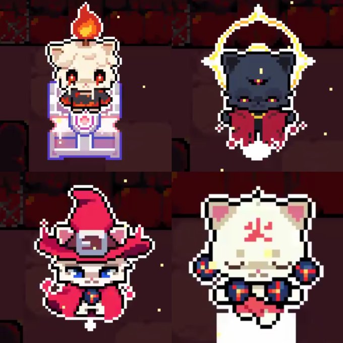 Four pixel art characters are displayed against a dark background: a white bear with a candle, a black cat with a halo, a witch in a red hat, and a white cat with an angry expression.