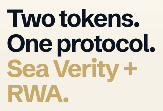 The image features bold text reading "Two tokens. One protocol. Sea Verity + RWA." against a cream background. This aligns with the post about Ethra Harbor, suggesting the dual-token protocol (Sea Verity and RWA) serves as the onchain capital layer for the ocean economy.