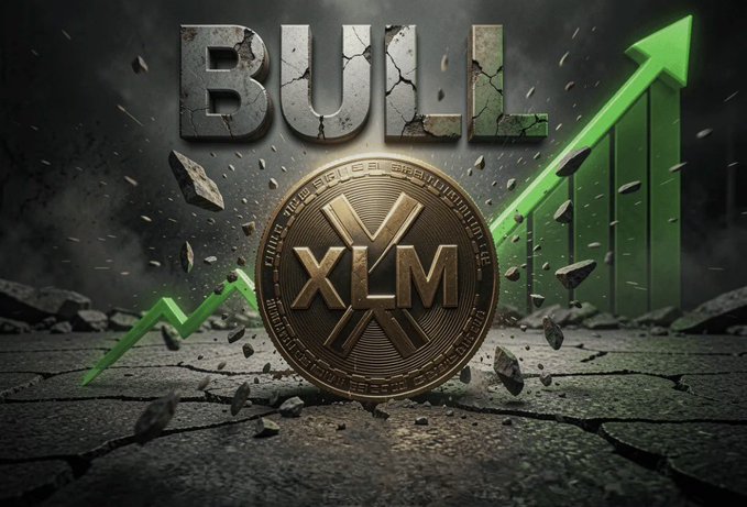 The image is a dramatic, dark-themed graphic featuring a large, golden Stellar (XLM) cryptocurrency coin centered in the foreground, displaying its "XLM" emblem prominently. Behind the coin, the word "BULL" appears in large, cracked stone-like letters, while a bold green upward-trending arrow shoots diagonally across the background, symbolizing a rising market. Debris and shattered rock fragments are scattered around, giving the scene an explosive, powerful feel.

The accompanying post, filled with emojis and phrases like "I live to win," "Bullish on XLM," "Stacking XLM," and "XLM to the top," directly mirrors the image's bullish message. The "BULL" text and rising green arrow visually reinforce the post's confident, optimistic stance on Stellar (XLM), portraying it as a winning investment destined to rise—perfectly aligning the visual energy with the caption's hype and conviction.