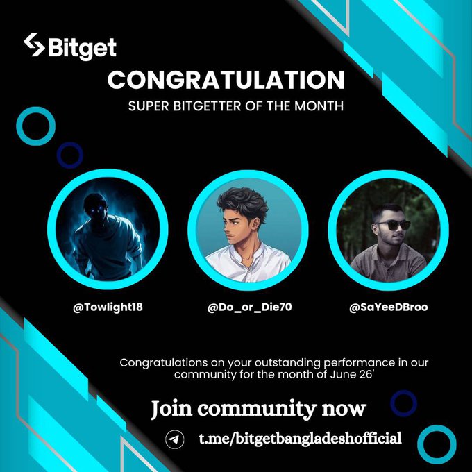 The image features a poster with three different cartoon characters, each representing a different month of the year. The characters are positioned at the top left, middle right, and bottom center of the poster respectively. The text "Congratulations" is written above the characters, indicating that they have been recognized for their achievements in the Bitgetter community. Below this, there's a list of the months they've won the Super Bitgetter of the Month award, which includes June 26th. The post also mentions that users can join the community now and share it with others to celebrate these achievements.