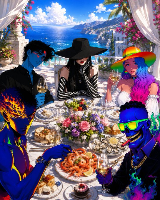 A vibrant, stylized illustration depicts five blue-skinned characters with colorful hair and unusual features enjoying a luxurious outdoor meal by the ocean with seafood and wine.